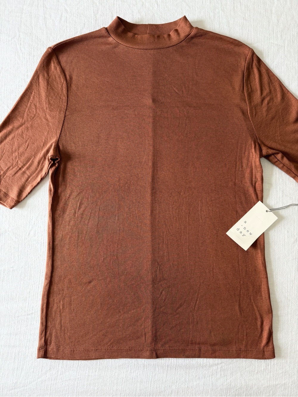 A New Day Rust Brown Ribbed Mock Neck Elbow Sleeve